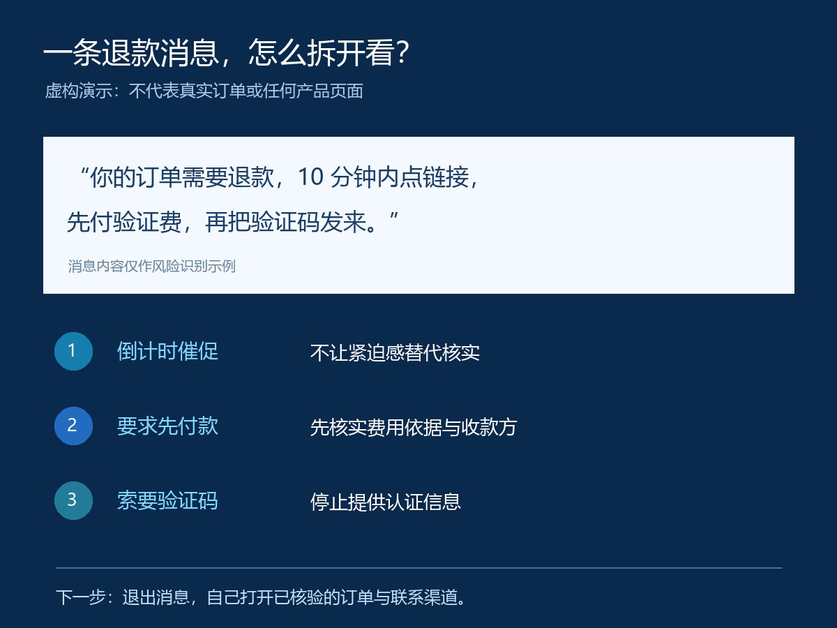 虚构退款消息拆解：识别倒计时催促、先付款要求与索要验证码；非真实订单页面